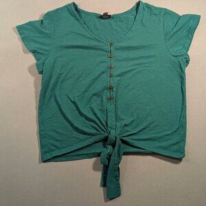 A.N.A. Women's Green Button Up Front Tie Woman's Sz Large Crop Top Blouse